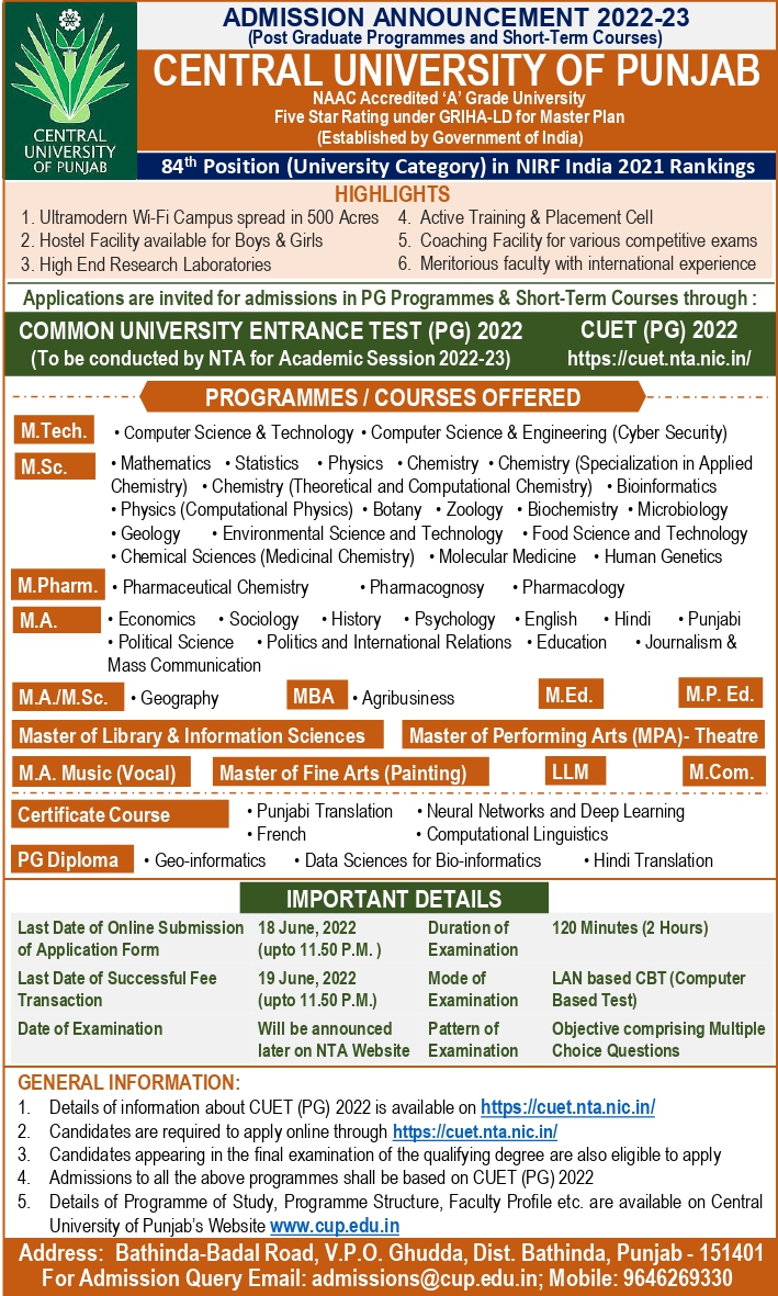 Cuet 2022 Notification For Admission In Pg And Short Term Courses Central University Of Punjab 